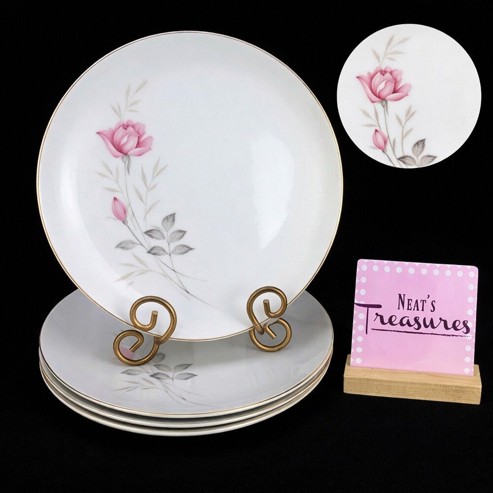 Camelot AMERICAN ROSE 1655 Pink Floral Gray Leaves China Dinner Plates Set of 4